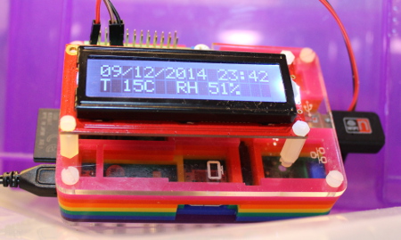 MyPiFi LCD display mounted on a Raspberry Pi installed in a Pimoroni Pibow case - pcb mounts