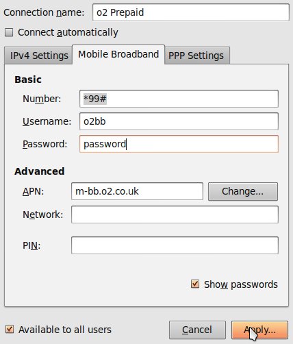 Network Connections - Broadband connection details for O2 - Ubuntu Linux