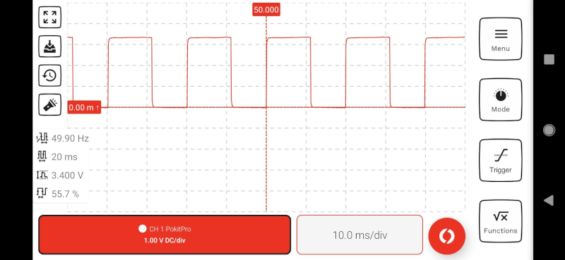 pokit displaying PWM with frequency, period, peak-to-peak and duty cycle