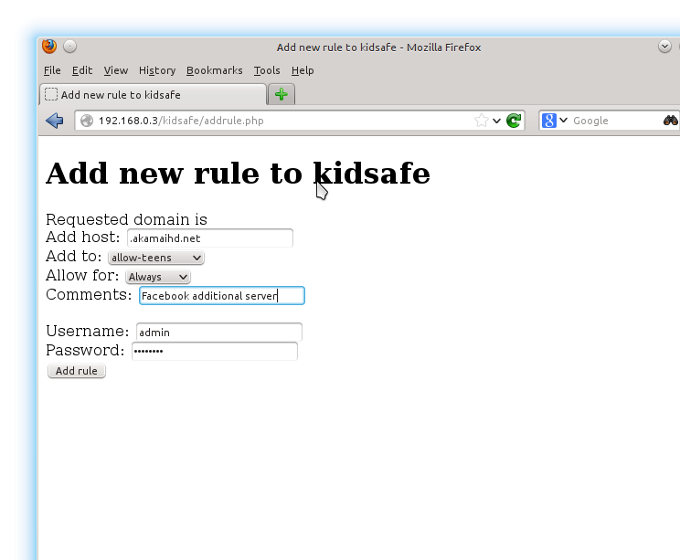 Adding an included site to the kidsafe Internet proxy