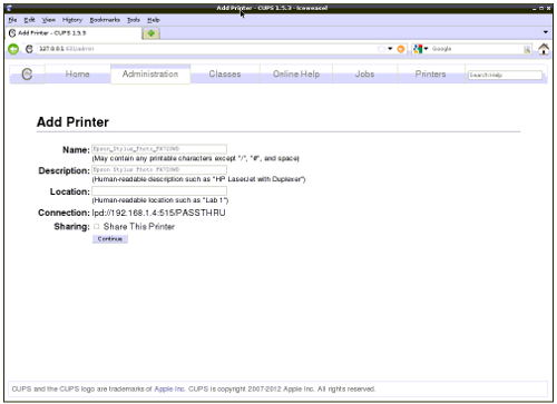 CUPS printing system for Linux - admin page adding an EPSON printer 