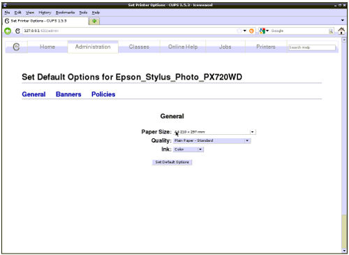 CUPS printing system for Linux - setting defaults