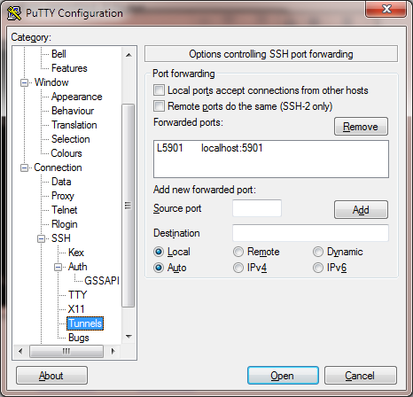 PuTTY providing a ssh tunnel for vnc from Windows to Linux