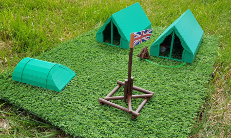 3D printed model for Cub Scout campsite with flickering fire and flag pole
