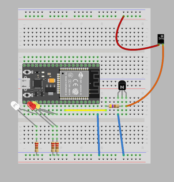 ESP32 led and smoke circuit breadboard diagram