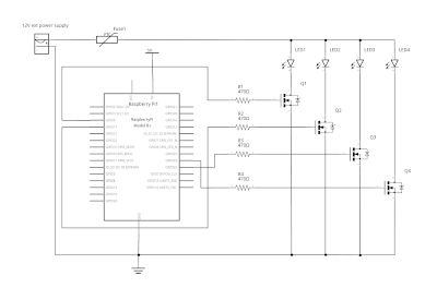 Disco light circuit for Raspberry Pi and MOSFET switches