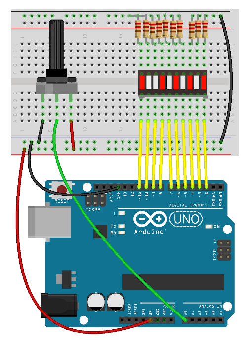 Arduino bar graph display with analogue voltage divider input from potentiometer