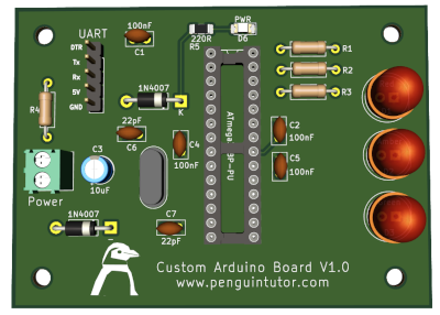 Custom PCB designed in KiCad for Arduino microcontroller for electronic circuits