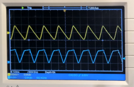 Oscilloscope screen showing a rectified DC signal on the bottom and a saw-tooth ripple signal on the top. The ripple is just under 200mV