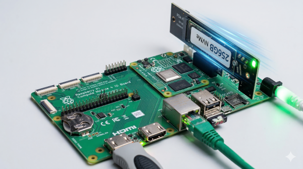 Raspberry Pi compute module on IO board with PCIe X1 NVMe card and high speed SSD