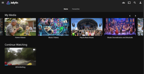 Raspberry Pi media center running Jellyfin - home screen showing thumbnail images for different categories of videos and music files