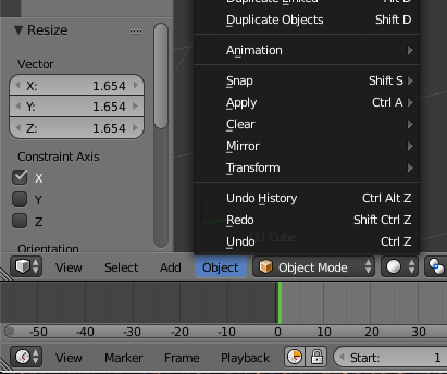 Blender object menu, bottom left of screen