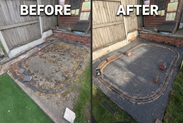 Before and after image of model railway renewal project. Before image is badly overgrown with moss and the track is disconnected. The track on the right is on a fresh looking grey base with fully connected track and a train going around the track