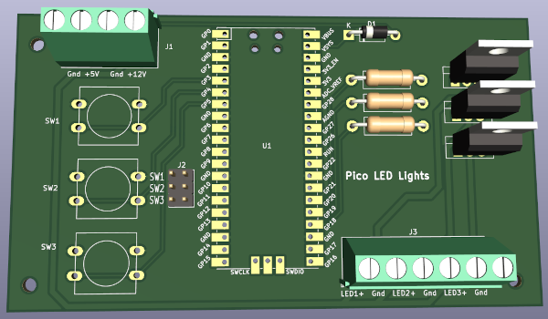 Raspberry Pi Pico Lights controller PCB 3D image