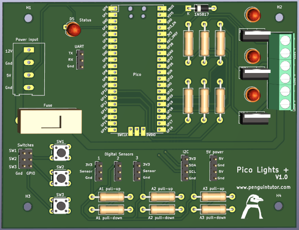 Raspberry Pi Pico Lights controller PCB 3D image