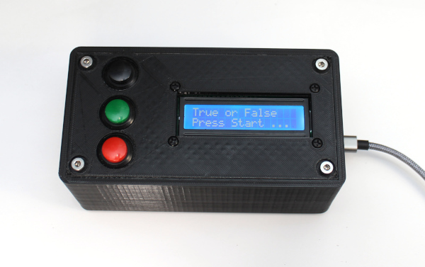 Raspberry Pi Pico true or false quiz game with LCD display and 3D printed enclosure